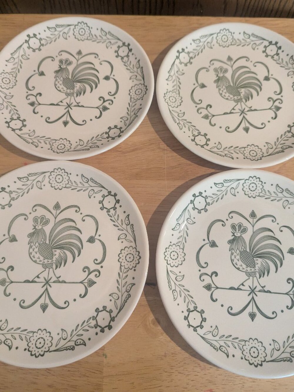 1960s Scio Pottery Provincial Green Rooster Weathervane Farmhouse Set-4 Plates